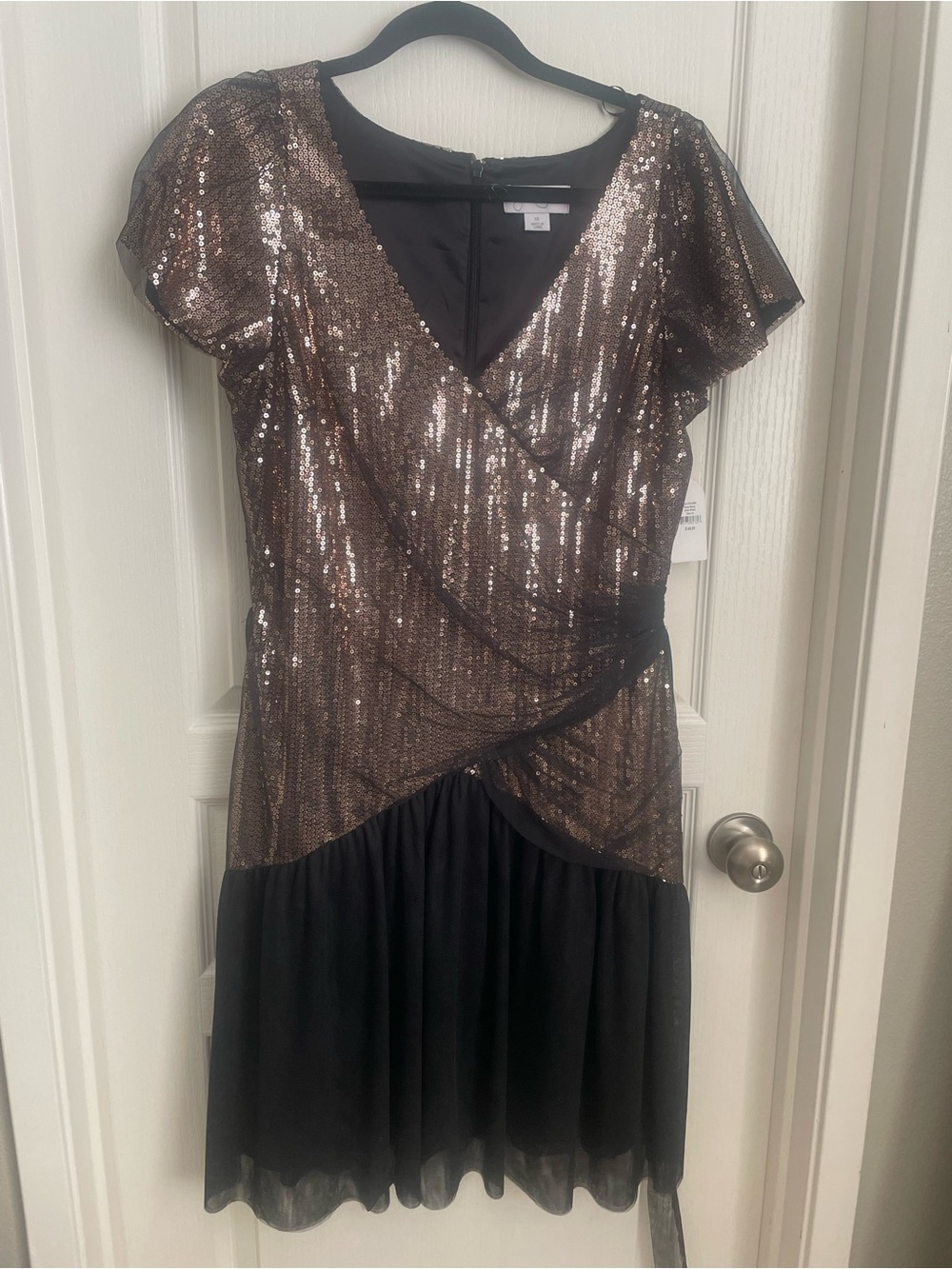 Jessica Simpson Bronze Sequin Wrap Midi Dress with Black Skirt